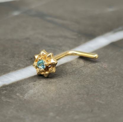 14k Gold Aqua Sunburst Nose Stud