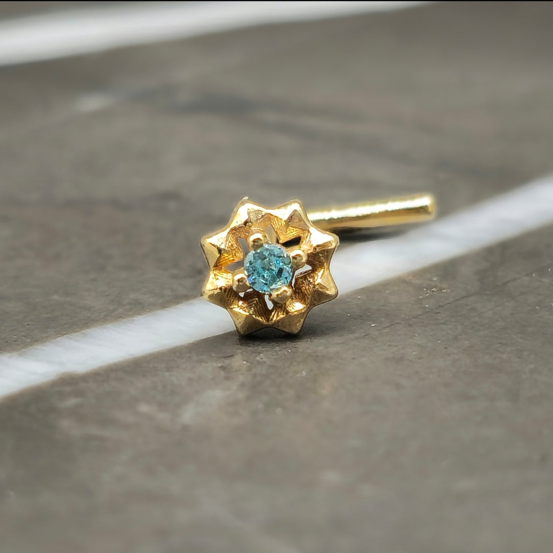 14k Gold Aqua Sunburst Nose Stud