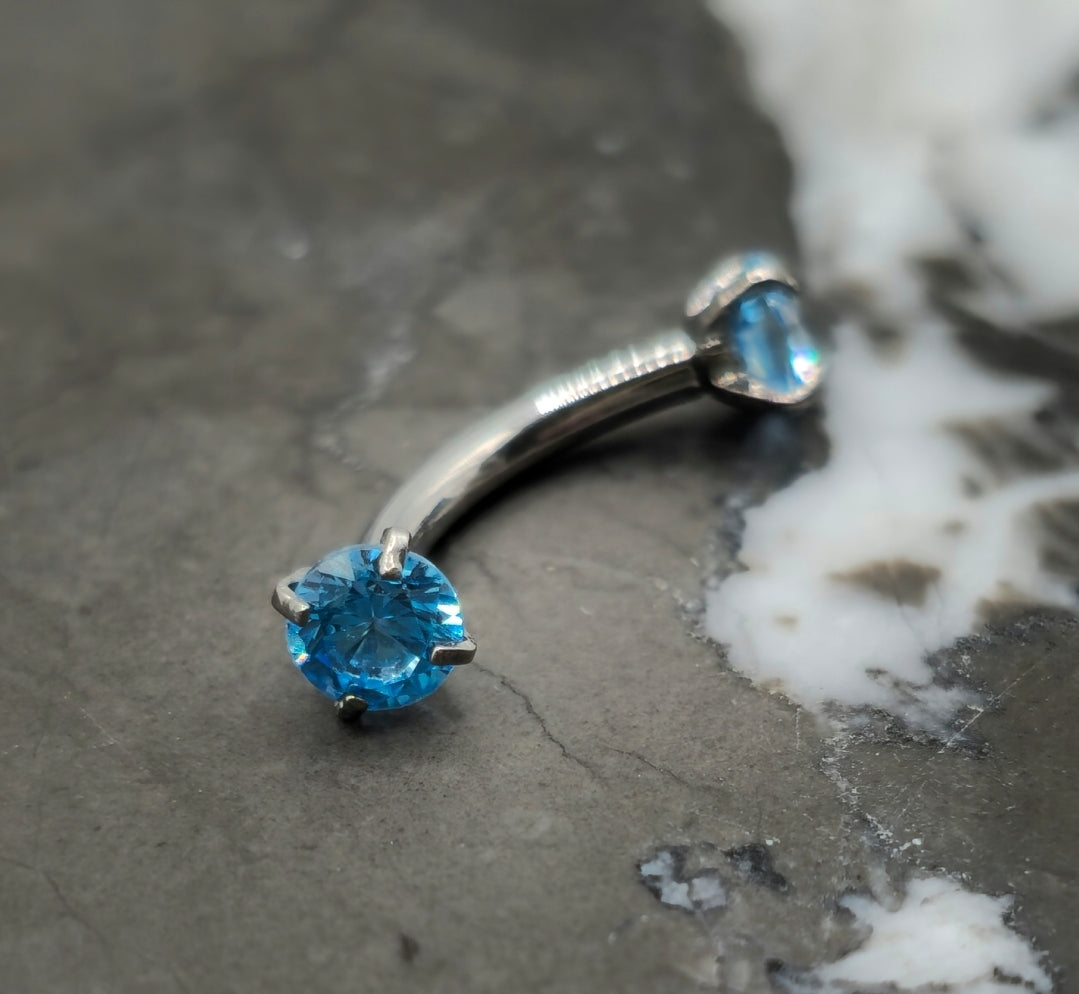 Aqua Blue Cubic Zirconia Internally Threaded Curved Barbell