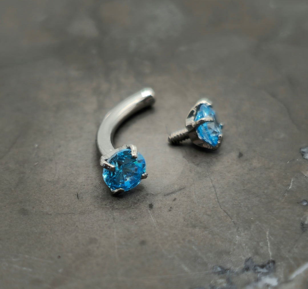 Aqua Blue Cubic Zirconia Internally Threaded Curved Barbell