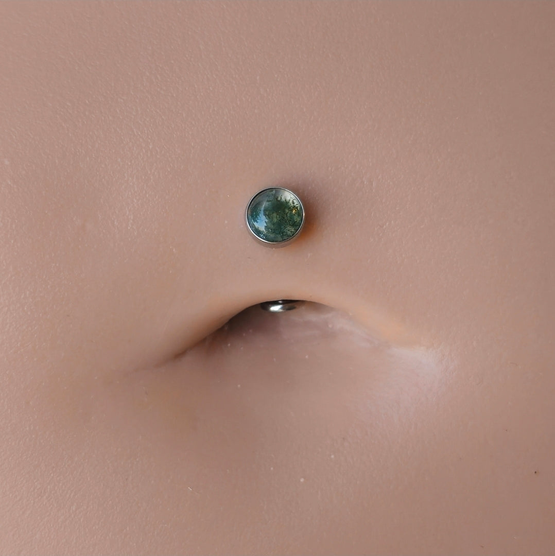 Natural Moss Agate Stone Floating Belly Button Navel Ring Titanium Curved Barbell
