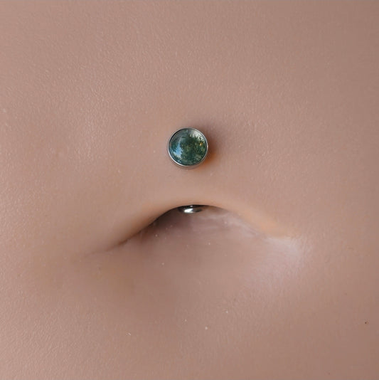 Natural Moss Agate Stone Floating Belly Button Navel Ring Titanium Curved Barbell