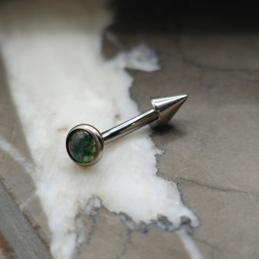 Moss Agate Stone Titanium Curved Barbell with Spike