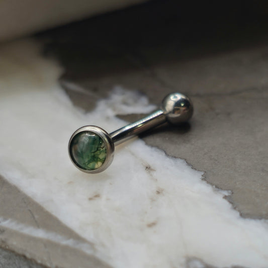 Moss Agate Stone Titanium Curved Barbell with Ball