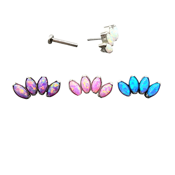 Threadless jewelry tops in white, blue, pink, and purple. Each top features four marquise shaped opals in a crown shape. Threadless pin is shown with flat back labret.