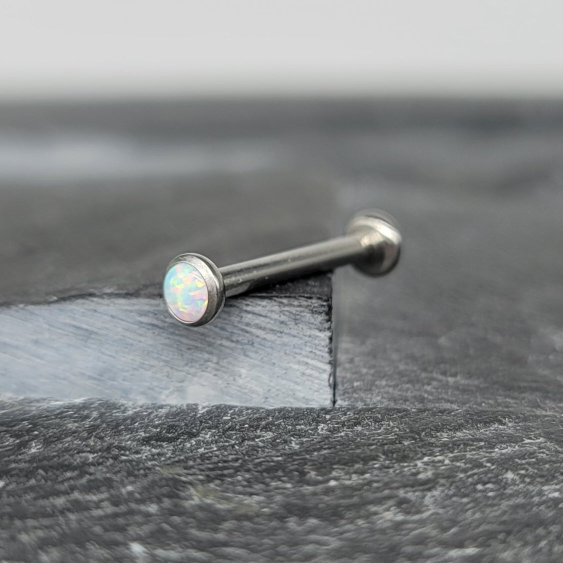 14g White Opal Bezel Set Straight Barbell